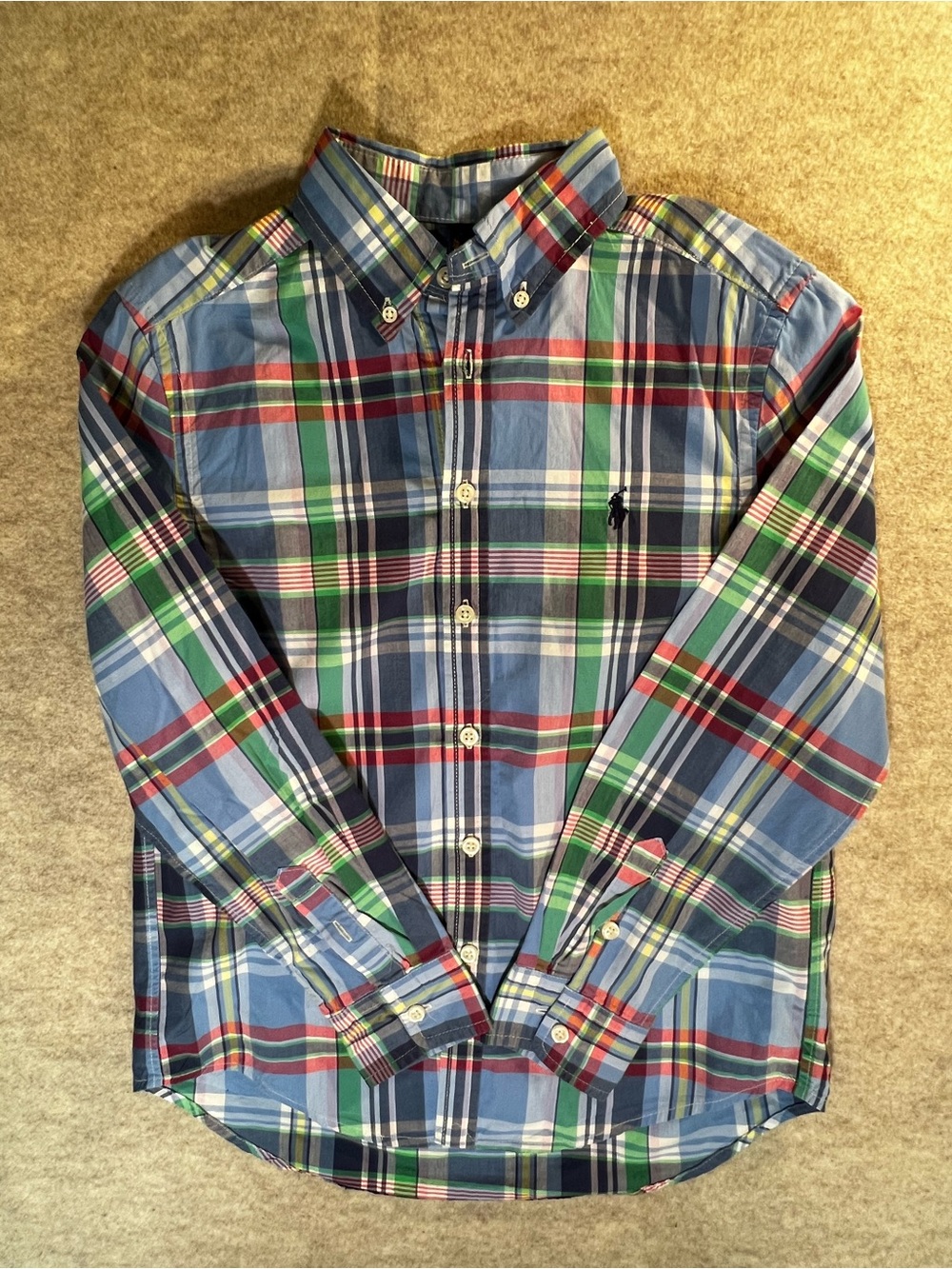 Ralph Lauren Blue Plaid Button-Down Shirt with Green & Red Accents